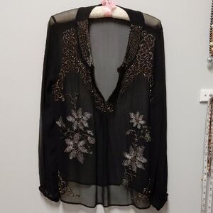 Neiman Marcus Black Sheer Floral Blouse